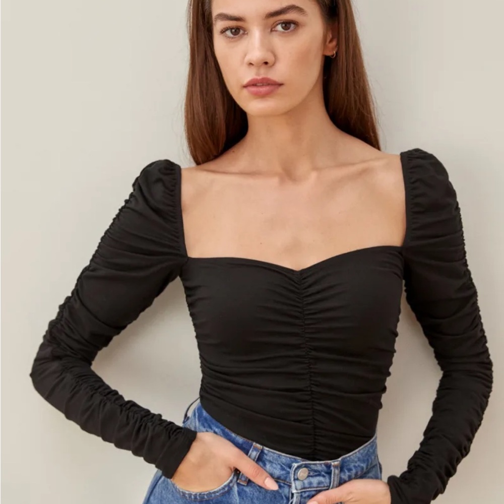 Reformation Esra Black Ruched Square Neck Long Sleeve Top Blouse Size L